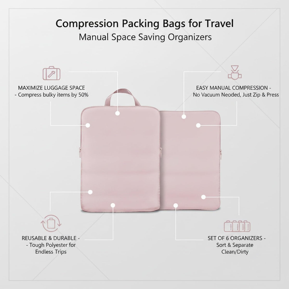 Compression Packing Bags for Travel, Manual Space Saving Organizers for Luggage and Closet, Reusable Polyester Storage Set of 6 (Set of 6)