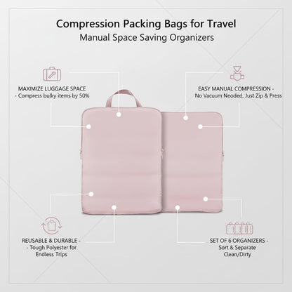 Compression Packing Bags for Travel, Manual Space Saving Organizers for Luggage and Closet, Reusable Polyester Storage Set of 6 (Set of 6)