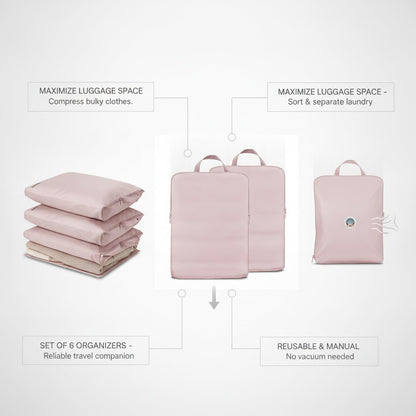 Compression Packing Bags for Travel, Manual Space Saving Organizers for Luggage and Closet, Reusable Polyester Storage Set of 6 (Set of 6)