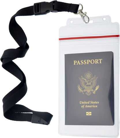 Passport Holders - - Heavy Duty Water and Tear Resistant Resealable Sleeves & Premium Breakaway Lanyard - 4X6 Insert for Vaccination Cards, Cruise, Travel, and Beach Vacation Documents (Black)