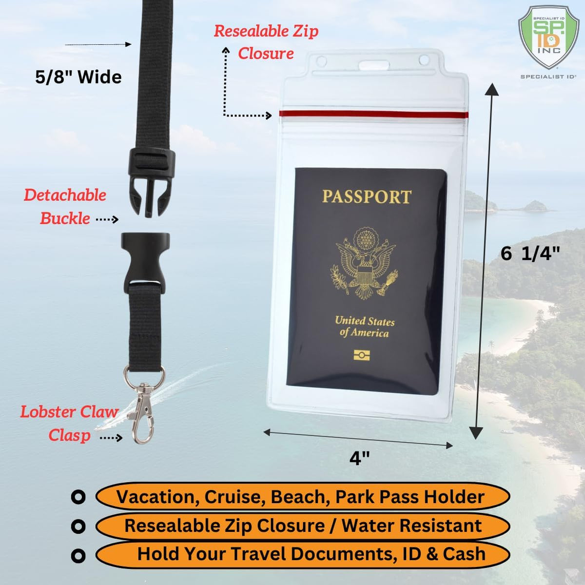 Passport Holders - - Heavy Duty Water and Tear Resistant Resealable Sleeves & Premium Breakaway Lanyard - 4X6 Insert for Vaccination Cards, Cruise, Travel, and Beach Vacation Documents (Black)