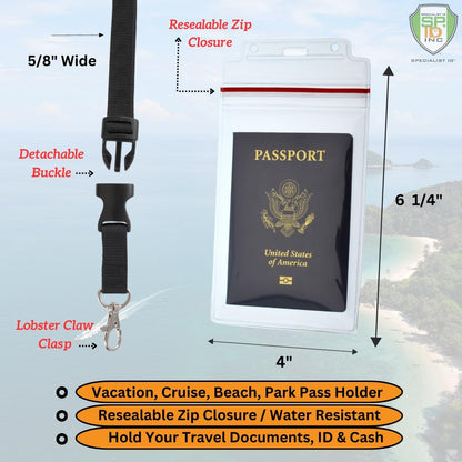 Passport Holders - - Heavy Duty Water and Tear Resistant Resealable Sleeves & Premium Breakaway Lanyard - 4X6 Insert for Vaccination Cards, Cruise, Travel, and Beach Vacation Documents (Black)