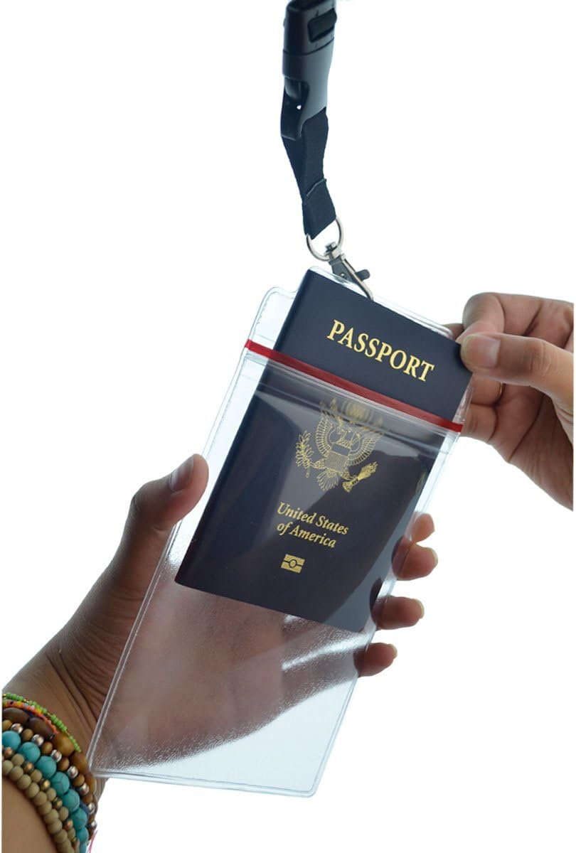 Passport Holders - - Heavy Duty Water and Tear Resistant Resealable Sleeves & Premium Breakaway Lanyard - 4X6 Insert for Vaccination Cards, Cruise, Travel, and Beach Vacation Documents (Black)