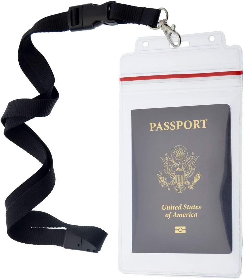 Passport Holders - - Heavy Duty Water and Tear Resistant Resealable Sleeves & Premium Breakaway Lanyard - 4X6 Insert for Vaccination Cards, Cruise, Travel, and Beach Vacation Documents (Black)