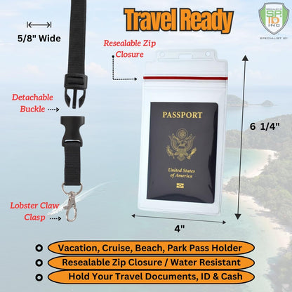 Passport Holders - - Heavy Duty Water and Tear Resistant Resealable Sleeves & Premium Breakaway Lanyard - 4X6 Insert for Vaccination Cards, Cruise, Travel, and Beach Vacation Documents (Black)