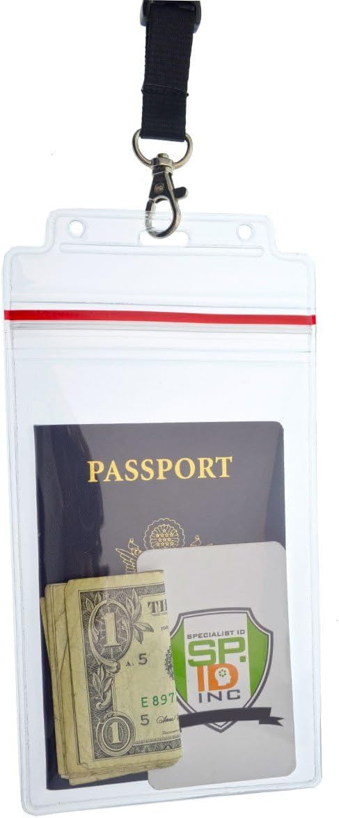 Passport Holders - - Heavy Duty Water and Tear Resistant Resealable Sleeves & Premium Breakaway Lanyard - 4X6 Insert for Vaccination Cards, Cruise, Travel, and Beach Vacation Documents (Black)
