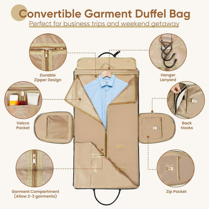 Convertible Garment Bag for Travel, Carry on Garment Duffel Bags with Shoe Pouch Weekender Bag for Men Women 2 in 1 Hanging Suitcase Suit for Business Trip, Vacation (Beige)