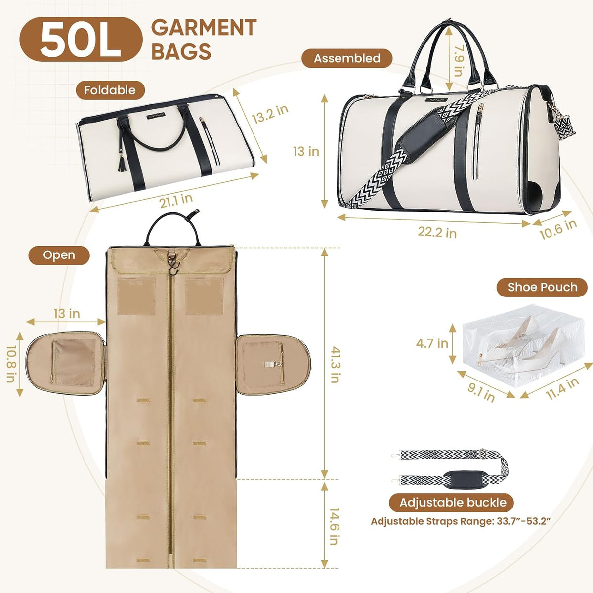 Convertible Garment Bag for Travel, Carry on Garment Duffel Bags with Shoe Pouch Weekender Bag for Men Women 2 in 1 Hanging Suitcase Suit for Business Trip, Vacation (Beige)
