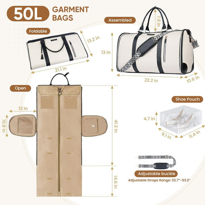 Convertible Garment Bag for Travel, Carry on Garment Duffel Bags with Shoe Pouch Weekender Bag for Men Women 2 in 1 Hanging Suitcase Suit for Business Trip, Vacation (Beige)
