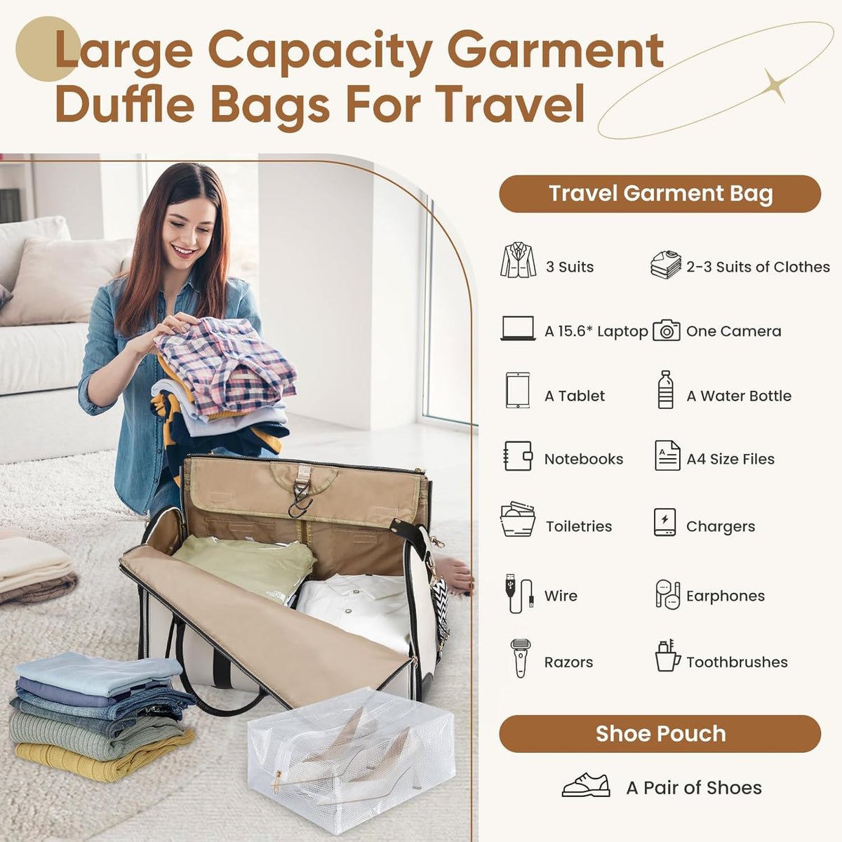 Convertible Garment Bag for Travel, Carry on Garment Duffel Bags with Shoe Pouch Weekender Bag for Men Women 2 in 1 Hanging Suitcase Suit for Business Trip, Vacation (Beige)