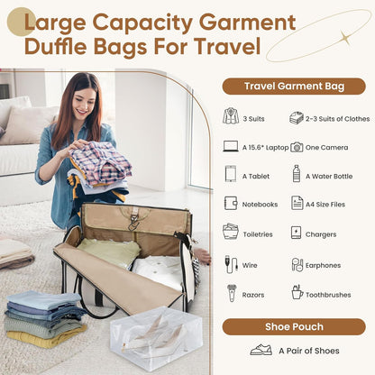 Convertible Garment Bag for Travel, Carry on Garment Duffel Bags with Shoe Pouch Weekender Bag for Men Women 2 in 1 Hanging Suitcase Suit for Business Trip, Vacation (Beige)