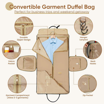 Convertible Garment Bag for Travel, Carry on Garment Duffel Bags with Shoe Pouch Weekender Bag for Men Women 2 in 1 Hanging Suitcase Suit for Business Trip, Vacation (Beige)