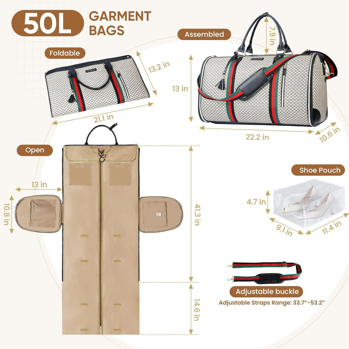 Convertible Garment Bag for Travel, Carry on Garment Duffel Bags with Shoe Pouch Weekender Bag for Men Women 2 in 1 Hanging Suitcase Suit for Business Trip, Vacation (Beige)
