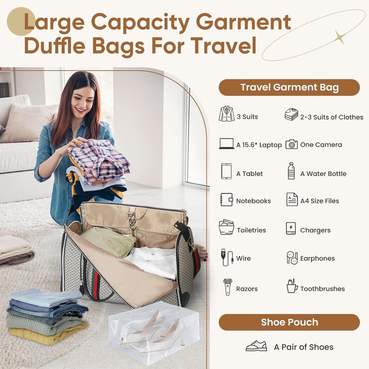 Convertible Garment Bag for Travel, Carry on Garment Duffel Bags with Shoe Pouch Weekender Bag for Men Women 2 in 1 Hanging Suitcase Suit for Business Trip, Vacation (Beige)