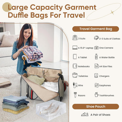 Convertible Garment Bag for Travel, Carry on Garment Duffel Bags with Shoe Pouch Weekender Bag for Men Women 2 in 1 Hanging Suitcase Suit for Business Trip, Vacation (Beige)