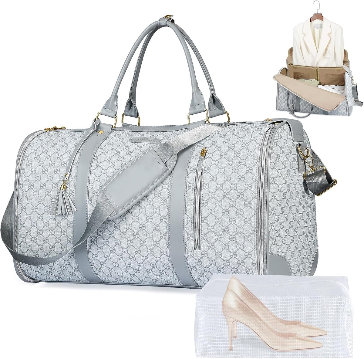 Convertible Garment Bag for Travel, Carry on Garment Duffel Bags with Shoe Pouch Weekender Bag for Men Women 2 in 1 Hanging Suitcase Suit for Business Trip, Vacation (Beige)