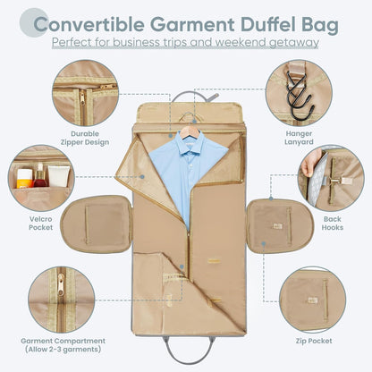 Convertible Garment Bag for Travel, Carry on Garment Duffel Bags with Shoe Pouch Weekender Bag for Men Women 2 in 1 Hanging Suitcase Suit for Business Trip, Vacation (Beige)