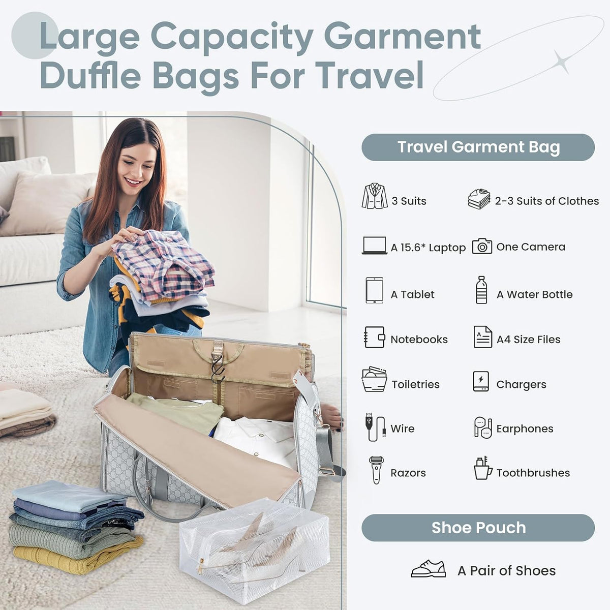 Convertible Garment Bag for Travel, Carry on Garment Duffel Bags with Shoe Pouch Weekender Bag for Men Women 2 in 1 Hanging Suitcase Suit for Business Trip, Vacation (Beige)