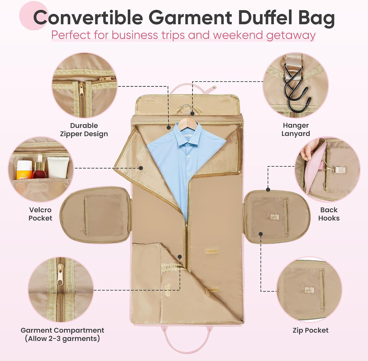 Convertible Garment Bag for Travel, Carry on Garment Duffel Bags with Shoe Pouch Weekender Bag for Men Women 2 in 1 Hanging Suitcase Suit for Business Trip, Vacation (Beige)