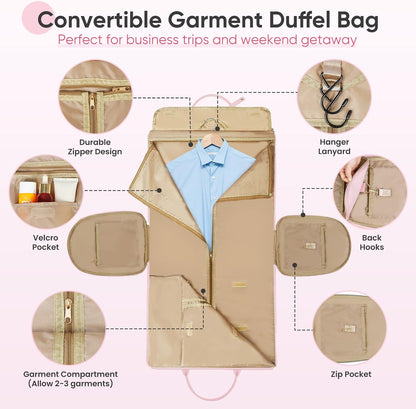 Convertible Garment Bag for Travel, Carry on Garment Duffel Bags with Shoe Pouch Weekender Bag for Men Women 2 in 1 Hanging Suitcase Suit for Business Trip, Vacation (Beige)