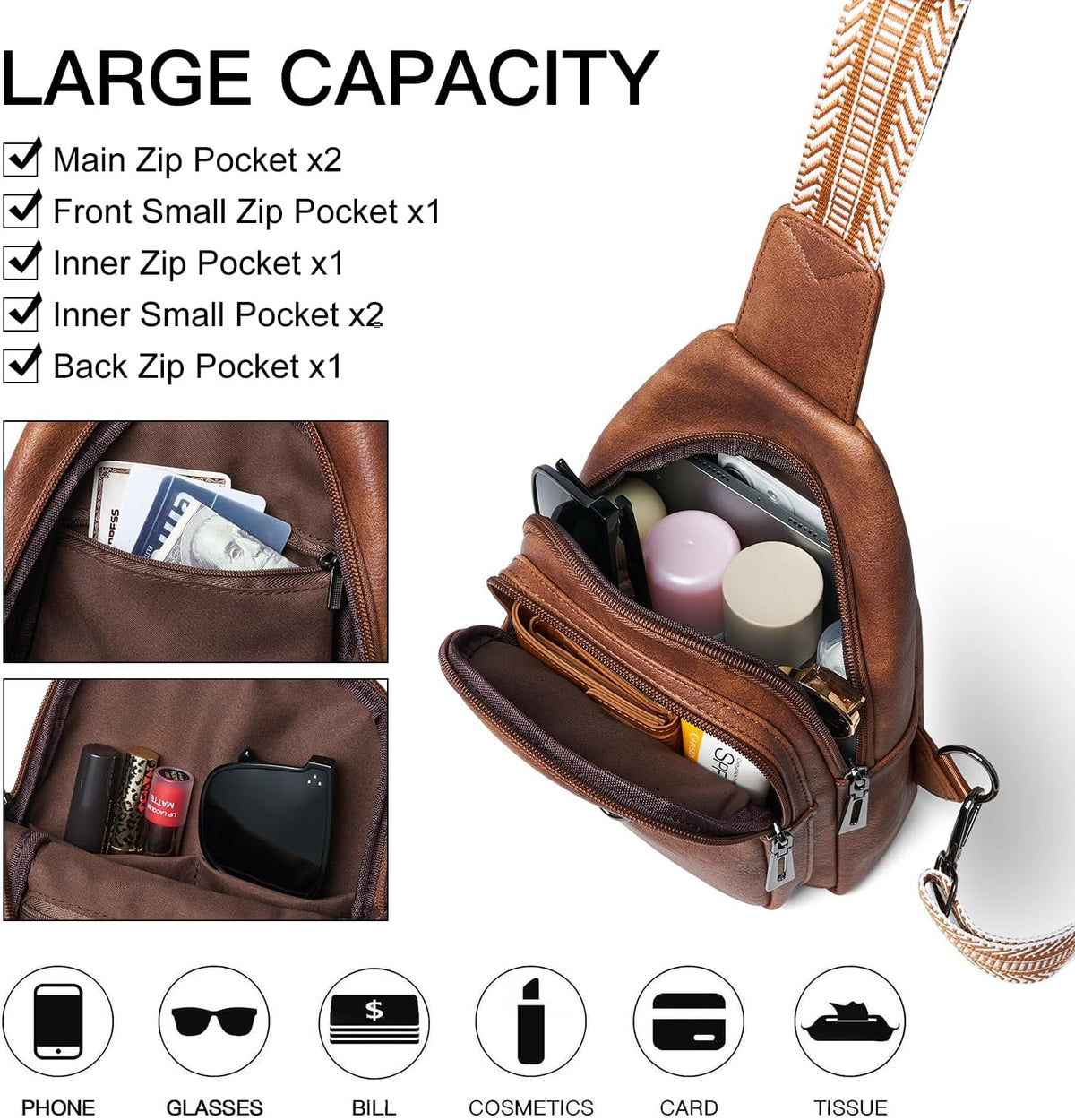 7L Sling Bag for Women Men Crossbody Belt Bag Small Travel Sling Backpack Anti Theft Chest Daypack Purse Faux Leather