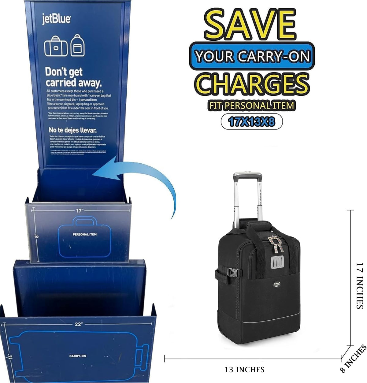 17x10x9 Inches United Airlines Rolling Personal Item Under Seat Travel Bag Suitable For Major Airlines, Not Suitcase, Rolling Travel Bag Design (Navy, 17x10x9 Inches)