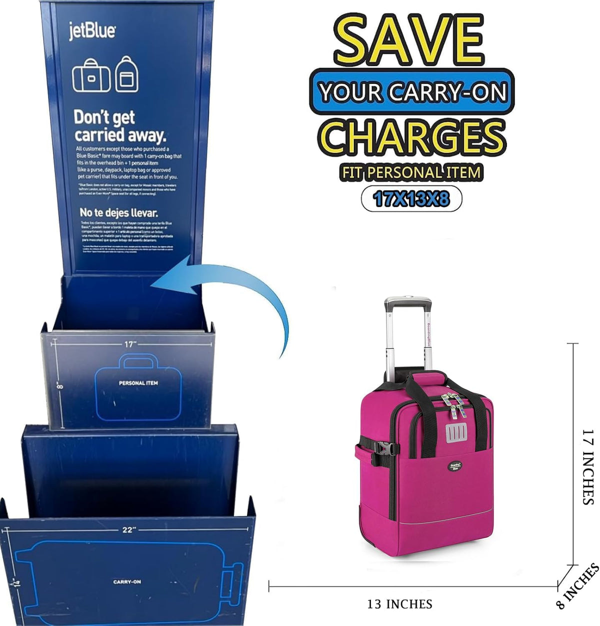 17x10x9 Inches United Airlines Rolling Personal Item Under Seat Travel Bag Suitable For Major Airlines, Not Suitcase, Rolling Travel Bag Design (Navy, 17x10x9 Inches)