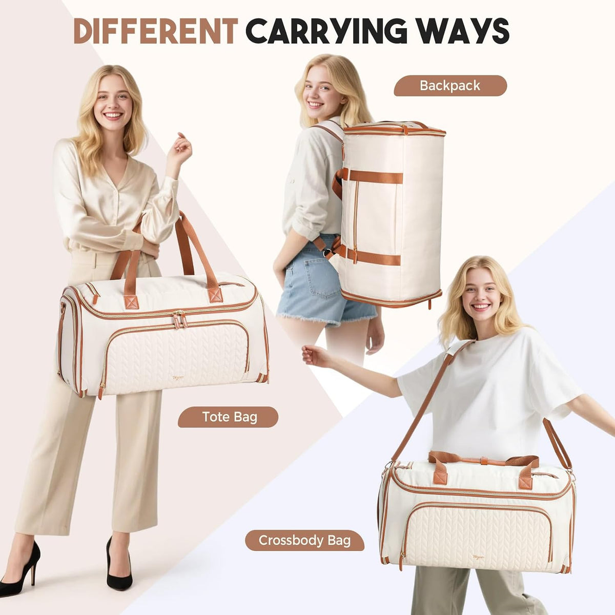 Garment Duffle Bags for Travel, 4ni1 Hanging Weekender Bag for Women, Convertible Carry on Garment Bag, Travel Garment Duffle Bag with Shoulder Strap, Apricot & Brown