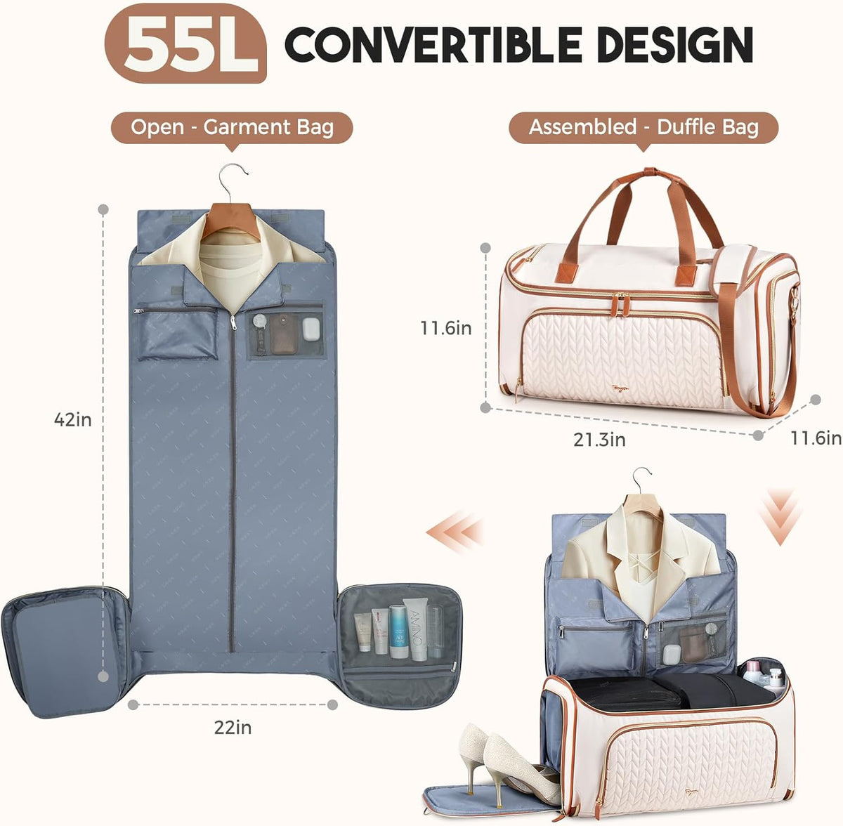 Garment Duffle Bags for Travel, 4ni1 Hanging Weekender Bag for Women, Convertible Carry on Garment Bag, Travel Garment Duffle Bag with Shoulder Strap, Apricot & Brown
