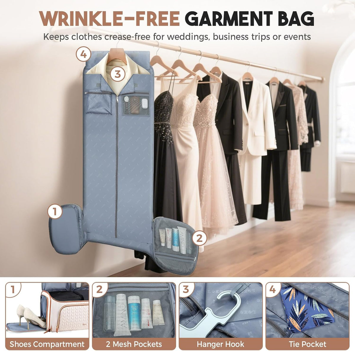 Garment Duffle Bags for Travel, 4ni1 Hanging Weekender Bag for Women, Convertible Carry on Garment Bag, Travel Garment Duffle Bag with Shoulder Strap, Apricot & Brown