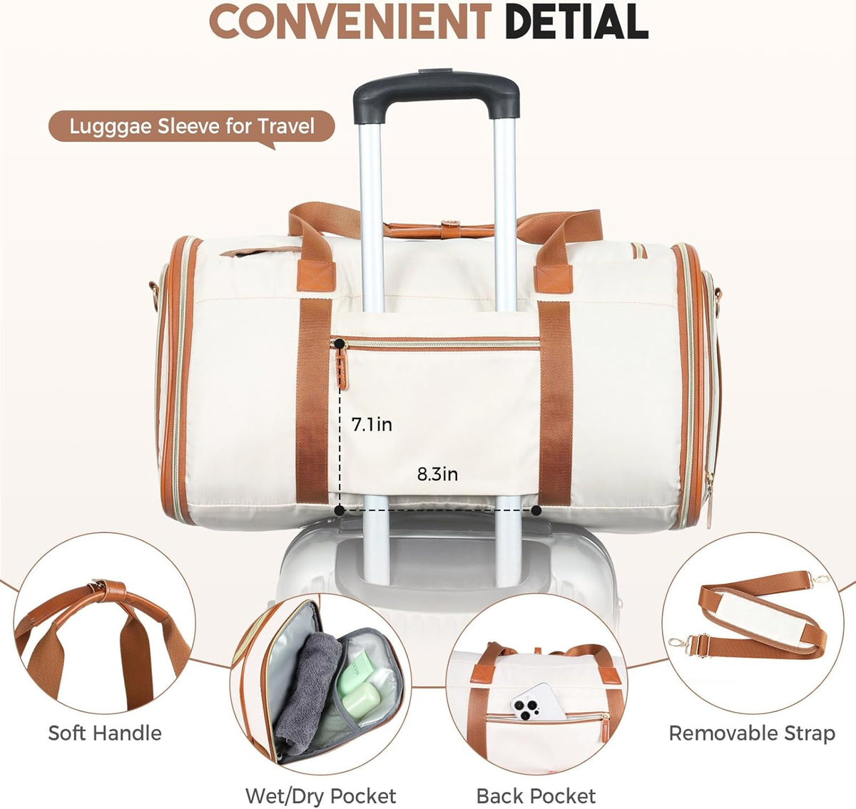 Garment Duffle Bags for Travel, 4ni1 Hanging Weekender Bag for Women, Convertible Carry on Garment Bag, Travel Garment Duffle Bag with Shoulder Strap, Apricot & Brown