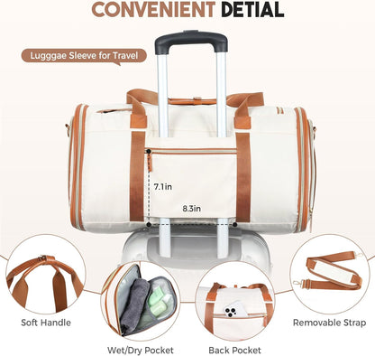 Garment Duffle Bags for Travel, 4ni1 Hanging Weekender Bag for Women, Convertible Carry on Garment Bag, Travel Garment Duffle Bag with Shoulder Strap, Apricot & Brown