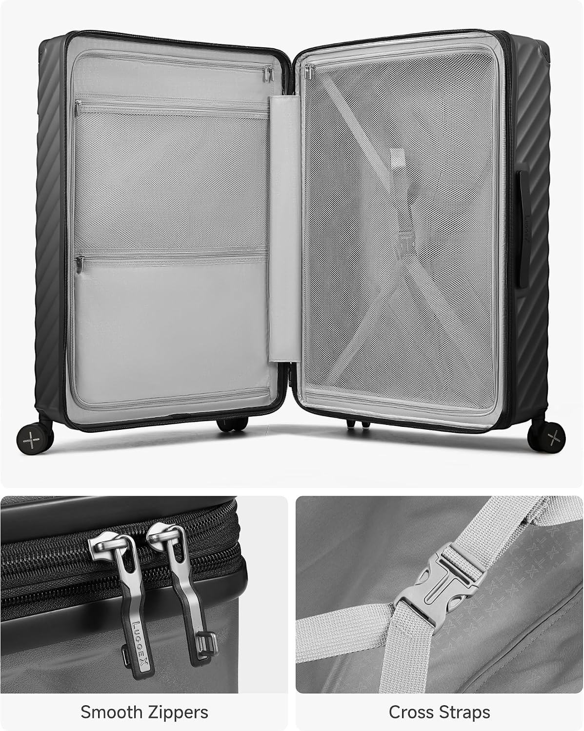 LUGGEX Carry On Luggage 22x14x9 Airline Approved, KVC Expandable Polycarbonate Hard Shell Suitcase for Travelling (EX-Core, Charcoal Metallic, 20 Inch, 40L-44L)