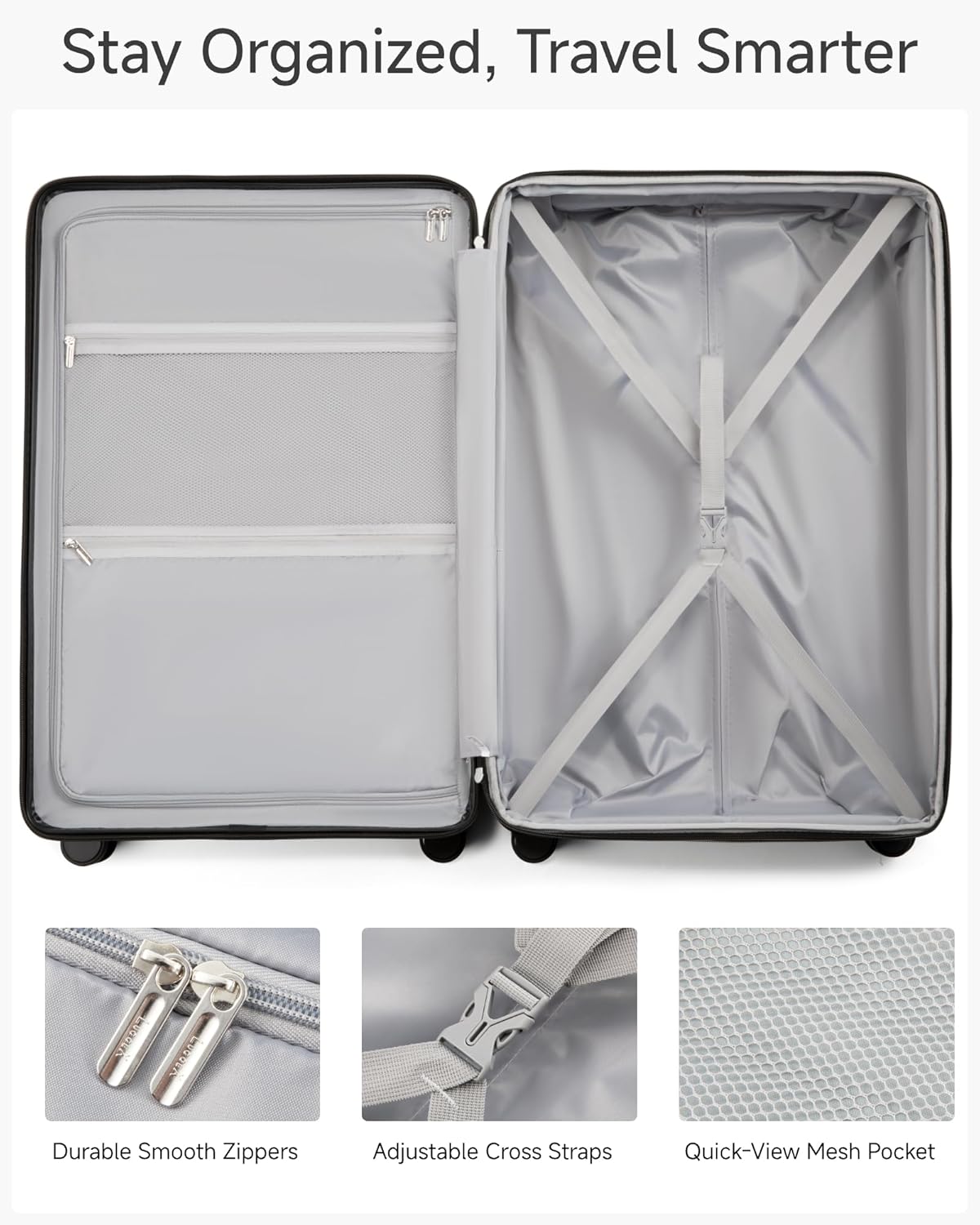 LUGGEX Carry On Luggage 22x14x9 Airline Approved, KVC Expandable Polycarbonate Hard Shell Suitcase for Travelling (EX-Core, Charcoal Metallic, 20 Inch, 40L-44L)