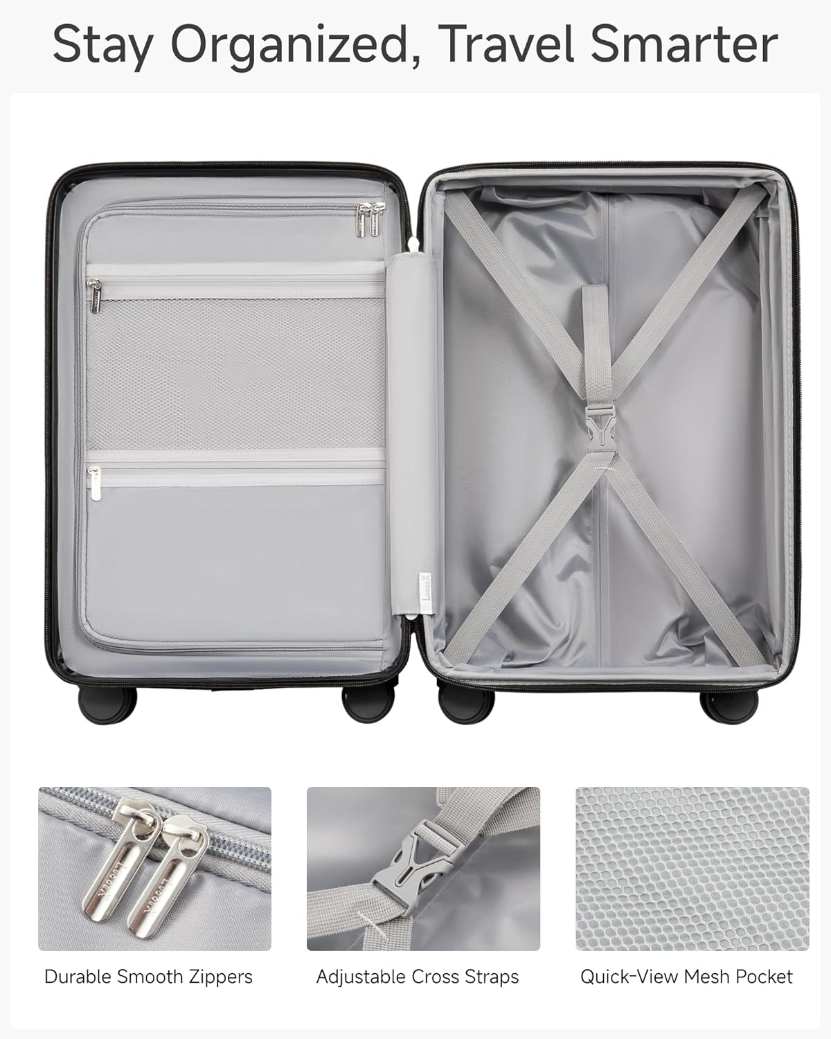 LUGGEX Carry On Luggage 22x14x9 Airline Approved, KVC Expandable Polycarbonate Hard Shell Suitcase for Travelling (EX-Core, Charcoal Metallic, 20 Inch, 40L-44L)