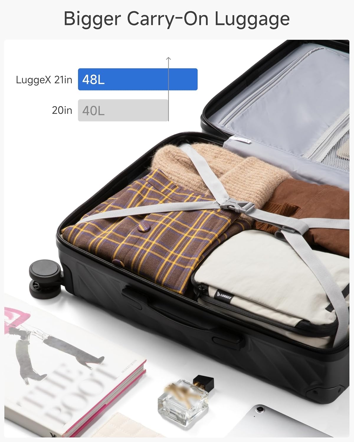 LUGGEX Carry On Luggage 22x14x9 Airline Approved, KVC Expandable Polycarbonate Hard Shell Suitcase for Travelling (EX-Core, Charcoal Metallic, 20 Inch, 40L-44L)