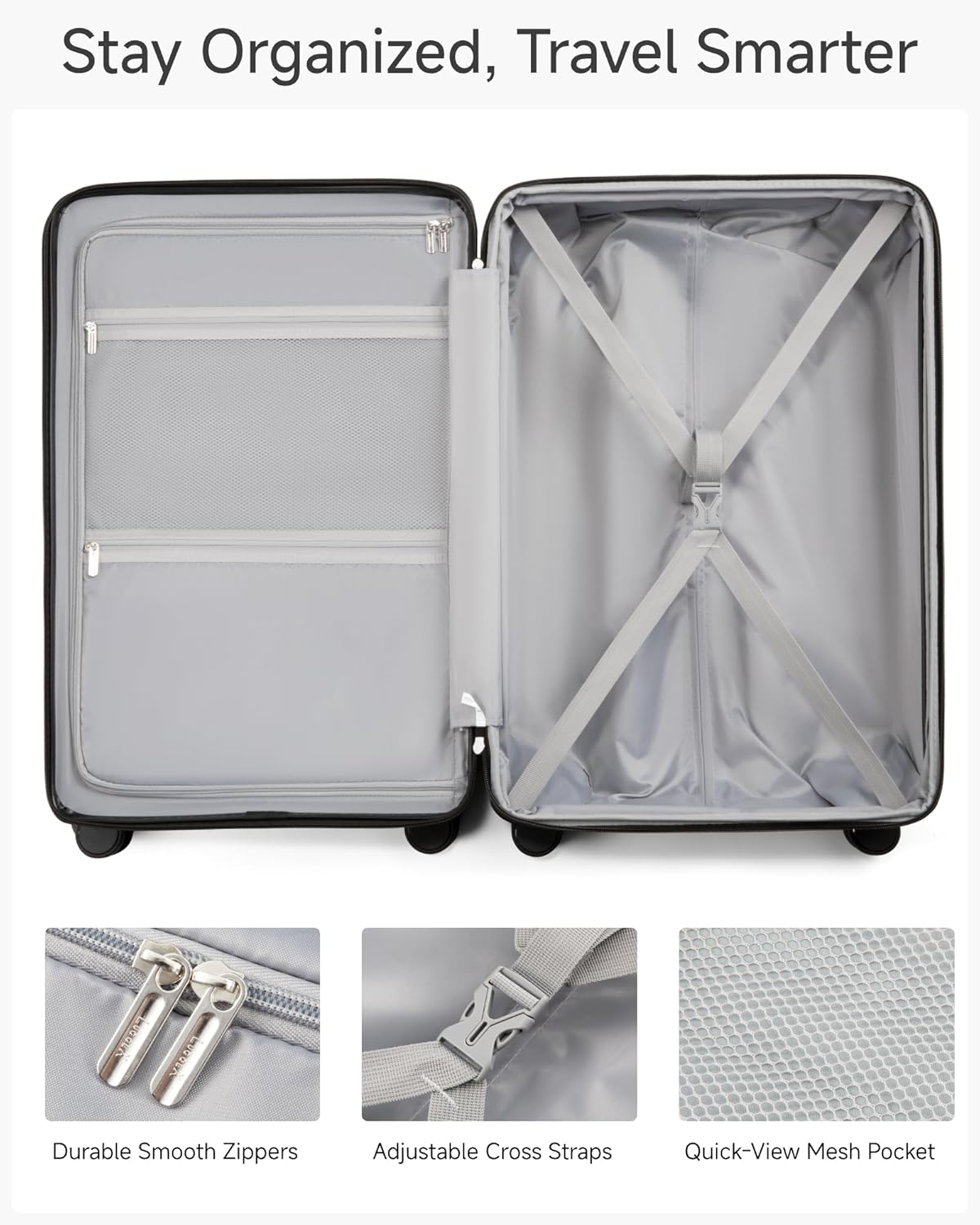 LUGGEX Carry On Luggage 22x14x9 Airline Approved, KVC Expandable Polycarbonate Hard Shell Suitcase for Travelling (EX-Core, Charcoal Metallic, 20 Inch, 40L-44L)