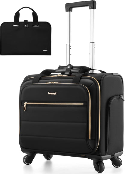 LUGGEX Rolling Laptop Bag with Wheels, 17.3" Soft Sided Laptop Rolling Briefcase with 4 Spinner Wheels - Lightweight Carry On for Business Travel Overnight (UX-Core, Black, 18 Inch)