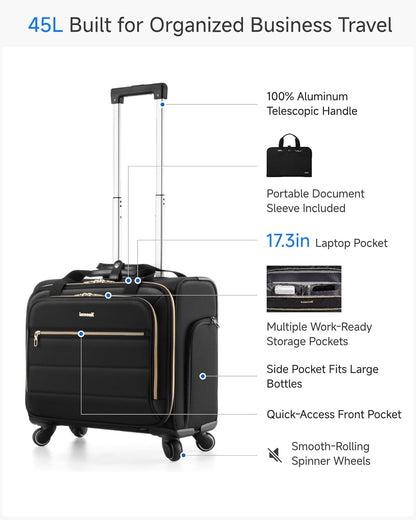 LUGGEX Rolling Laptop Bag with Wheels, 17.3" Soft Sided Laptop Rolling Briefcase with 4 Spinner Wheels - Lightweight Carry On for Business Travel Overnight (UX-Core, Black, 18 Inch)