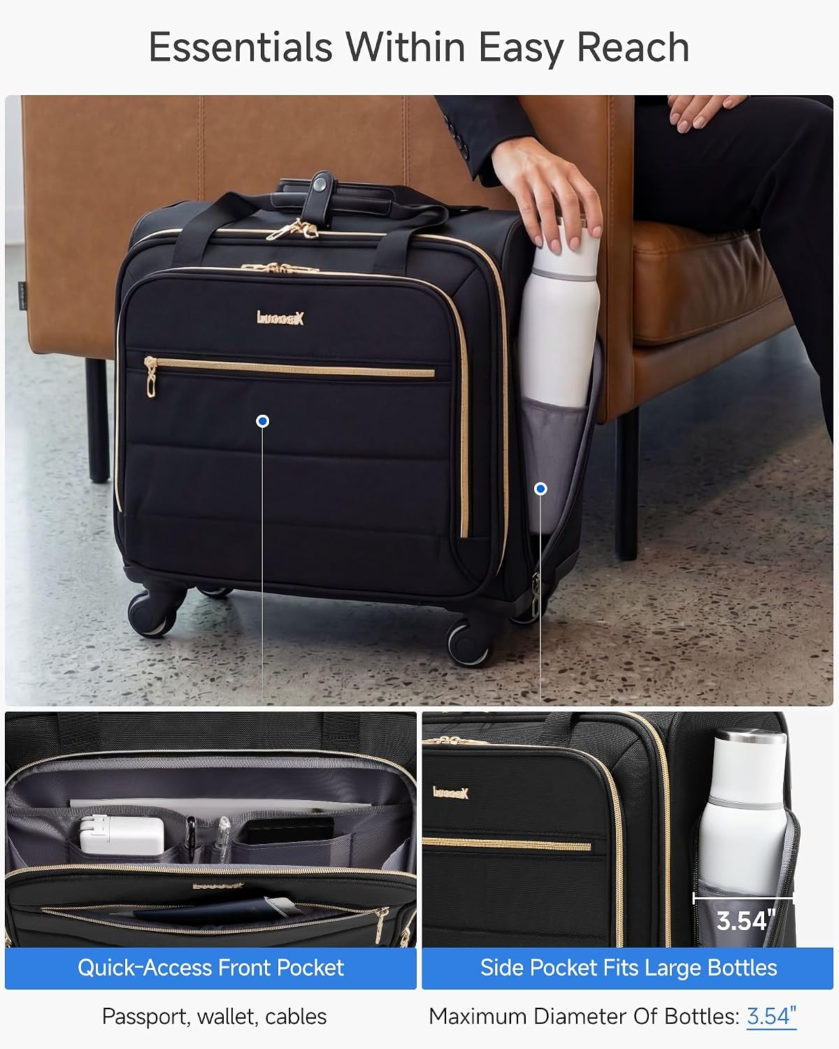 LUGGEX Rolling Laptop Bag with Wheels, 17.3" Soft Sided Laptop Rolling Briefcase with 4 Spinner Wheels - Lightweight Carry On for Business Travel Overnight (UX-Core, Black, 18 Inch)