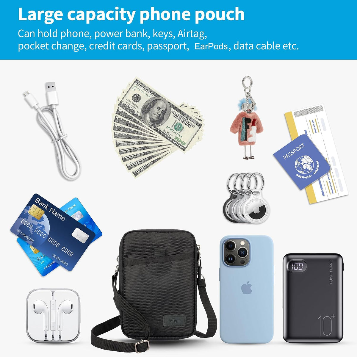 Travel Dual Phone Holster Waist Crossbody Bag Fits 4.5-6.7" Phone | dual zipper pockets, holds 2 phones, Belt crossbody carry, with Shoulder Strap for 4.5-6.8 Inch 17 16 15 Pro Max 26 S25 phone