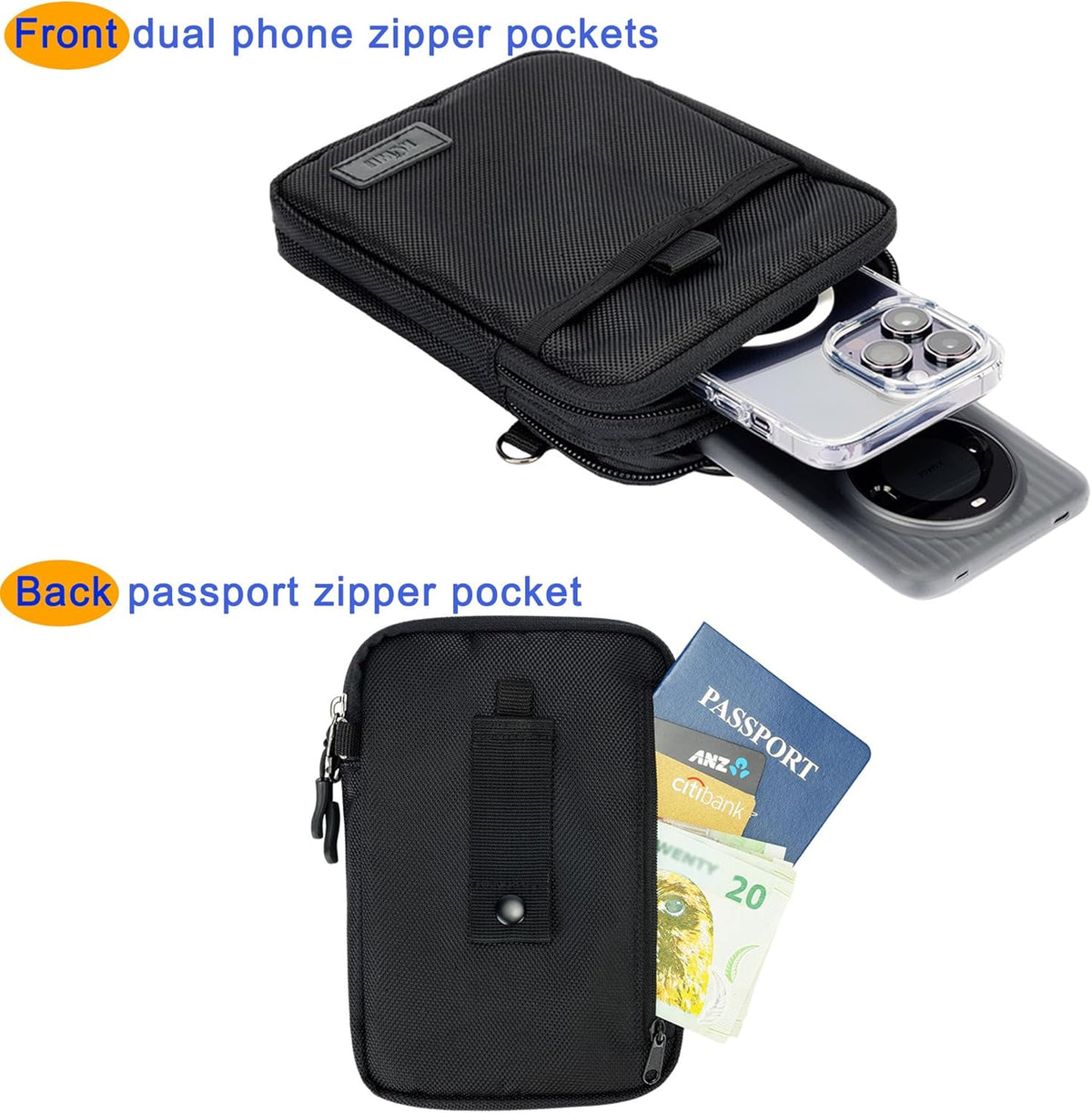 Travel Dual Phone Holster Waist Crossbody Bag Fits 4.5-6.7" Phone | dual zipper pockets, holds 2 phones, Belt crossbody carry, with Shoulder Strap for 4.5-6.8 Inch 17 16 15 Pro Max 26 S25 phone