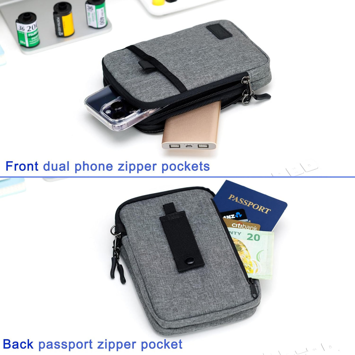 Travel Dual Phone Holster Waist Crossbody Bag Fits 4.5-6.7" Phone | dual zipper pockets, holds 2 phones, Belt crossbody carry, with Shoulder Strap for 4.5-6.8 Inch 17 16 15 Pro Max 26 S25 phone