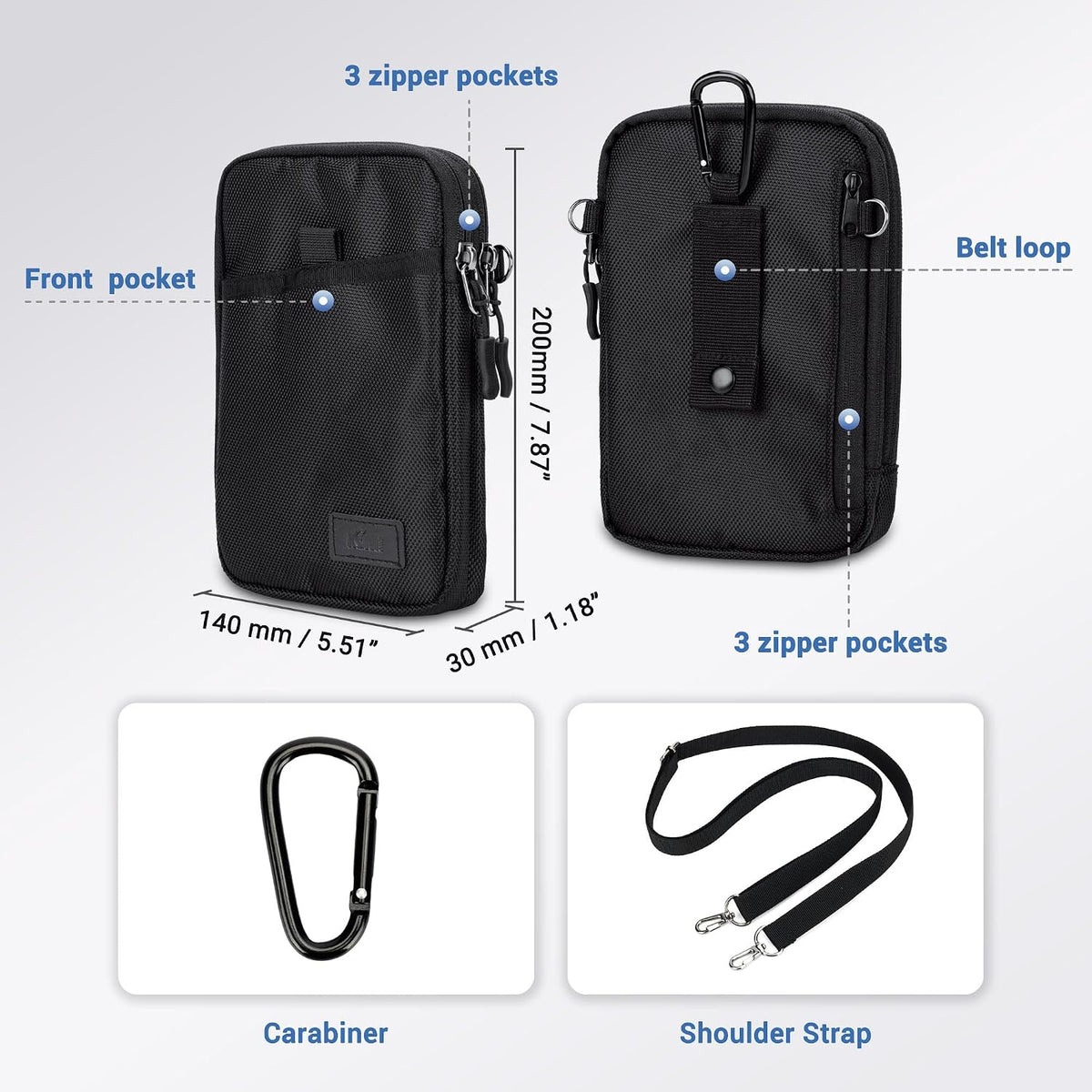 Travel Dual Phone Holster Waist Crossbody Bag Fits 4.5-6.7" Phone | dual zipper pockets, holds 2 phones, Belt crossbody carry, with Shoulder Strap for 4.5-6.8 Inch 17 16 15 Pro Max 26 S25 phone