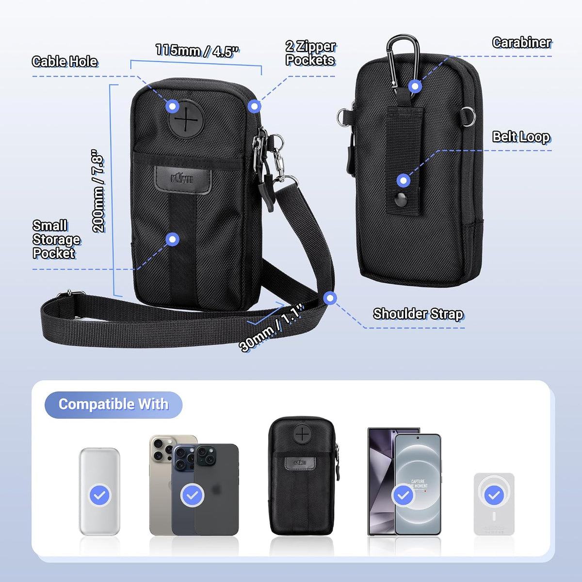 Travel Dual Phone Holster Waist Crossbody Bag Fits 4.5-6.7" Phone | dual zipper pockets, holds 2 phones, Belt crossbody carry, with Shoulder Strap for 4.5-6.8 Inch 17 16 15 Pro Max 26 S25 phone