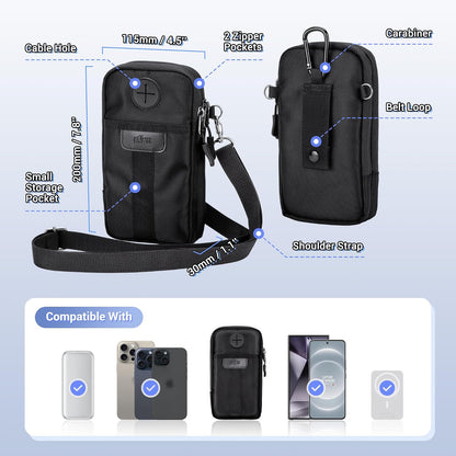 Travel Dual Phone Holster Waist Crossbody Bag Fits 4.5-6.7" Phone | dual zipper pockets, holds 2 phones, Belt crossbody carry, with Shoulder Strap for 4.5-6.8 Inch 17 16 15 Pro Max 26 S25 phone