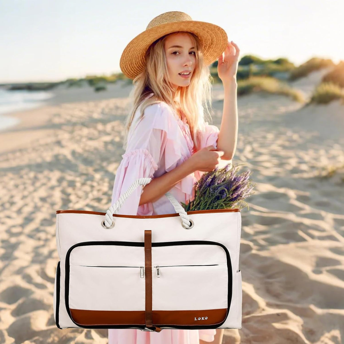 Beach Bag for Women - 35L Large Tote Bag, Waterproof & Sandproof, Zippered Carry On Bag for Pool, Beach & Travel