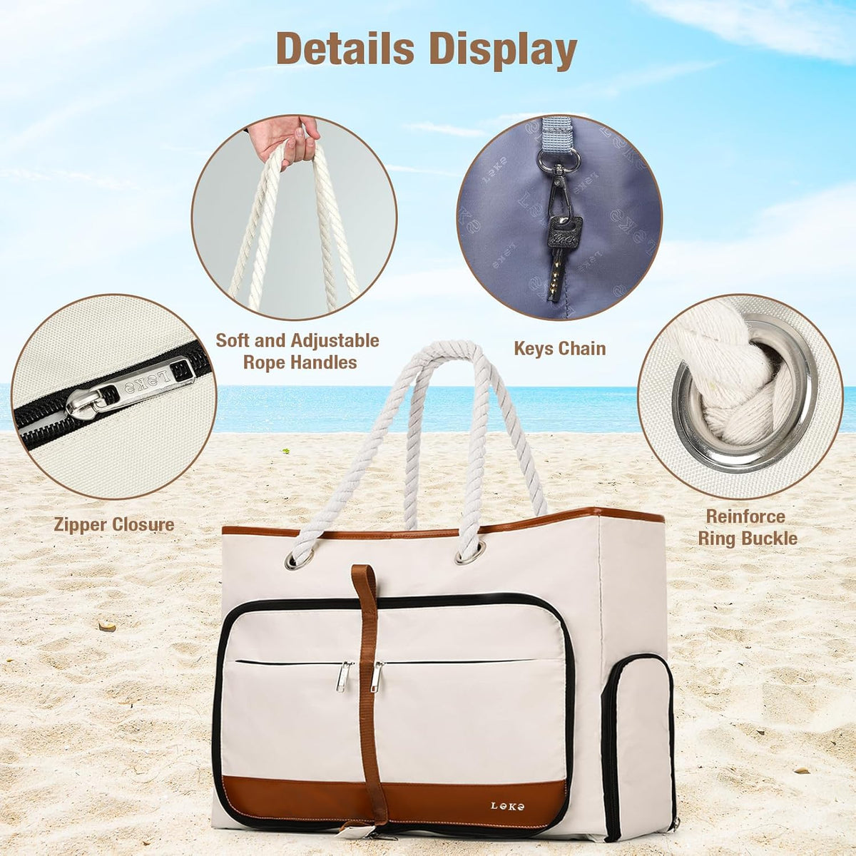 Beach Bag for Women - 35L Large Tote Bag, Waterproof & Sandproof, Zippered Carry On Bag for Pool, Beach & Travel