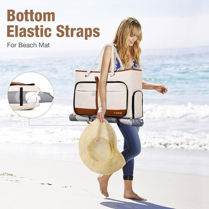 Beach Bag for Women - 35L Large Tote Bag, Waterproof & Sandproof, Zippered Carry On Bag for Pool, Beach & Travel
