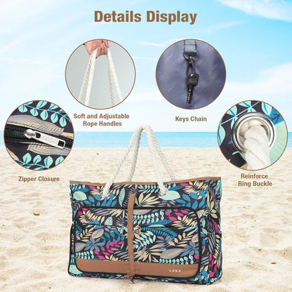 Beach Bag for Women - 35L Large Tote Bag, Waterproof & Sandproof, Zippered Carry On Bag for Pool, Beach & Travel